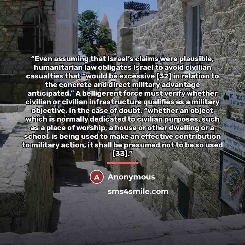 “Even assuming that Israel’s claims were plausible, humanitarian law obligates Israel to avoid civilian casualties that “would be excessive [32] in relation to the concrete and direct military advantage anticipated.” A belligerent force must verify whether civilian or civilian infrastructure…” quote by Anonymous
