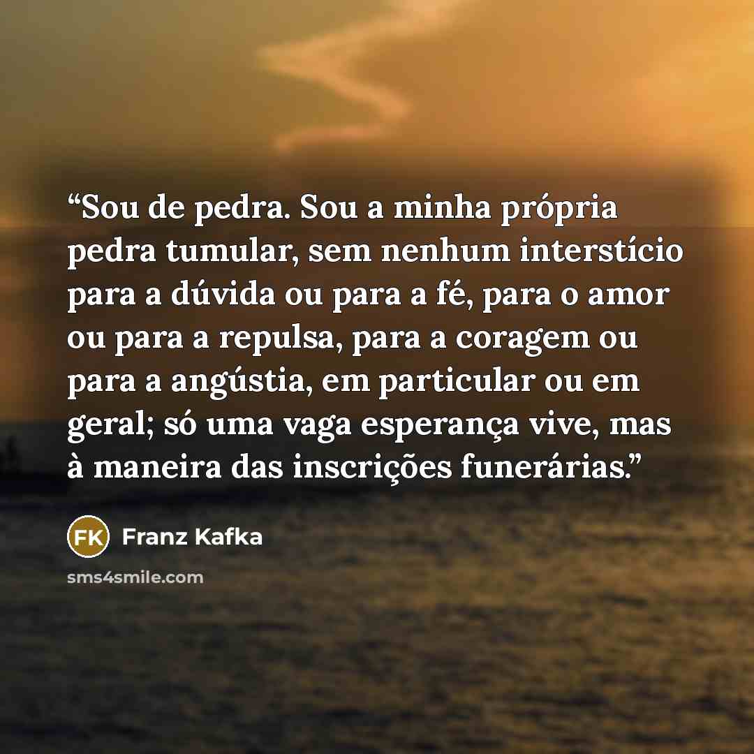“Sou de pedra. Sou a minha própria pedra tumular, sem nenhum interstício para a dúvida ou para a fé, para o amor ou para a repulsa, para a coragem ou para a angústia, em particular ou em geral; só uma vaga esperança vive, mas à maneira das inscrições funerárias.” quote by Franz Kafka