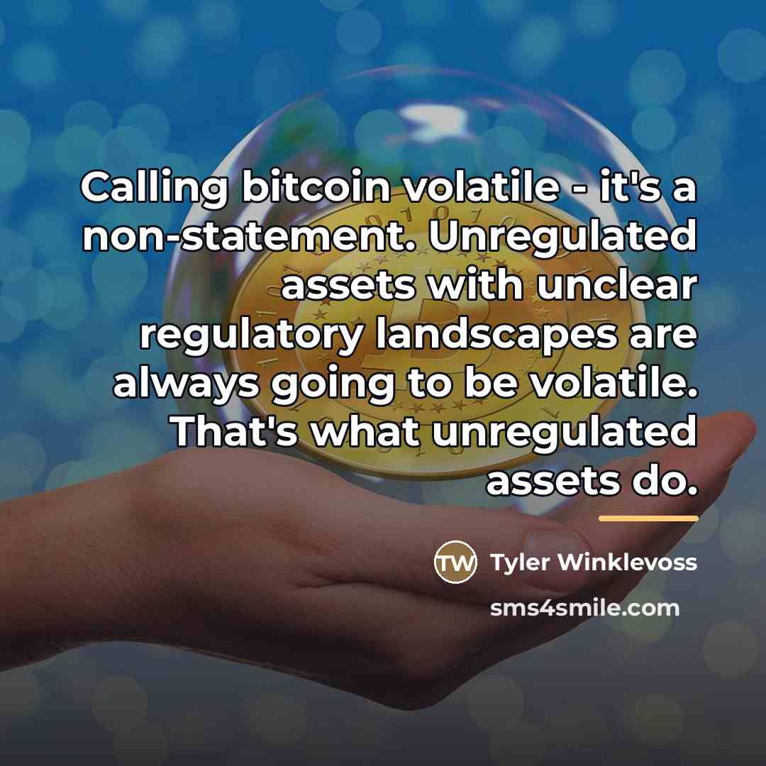 “Calling bitcoin volatile - it's a non-statement. Unregulated assets with…” quote by Tyler Winklevoss