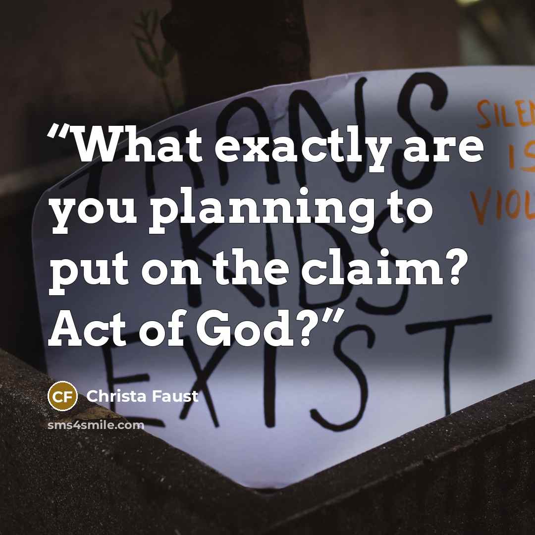 “What exactly are you planning to put on the claim? Act of God?” quote by Christa Faust