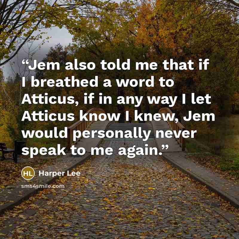 “Jem also told me that if I breathed a word to Atticus, if in any way I let Atticus know I knew, Jem would personally never speak to me again.” quote by Harper Lee
