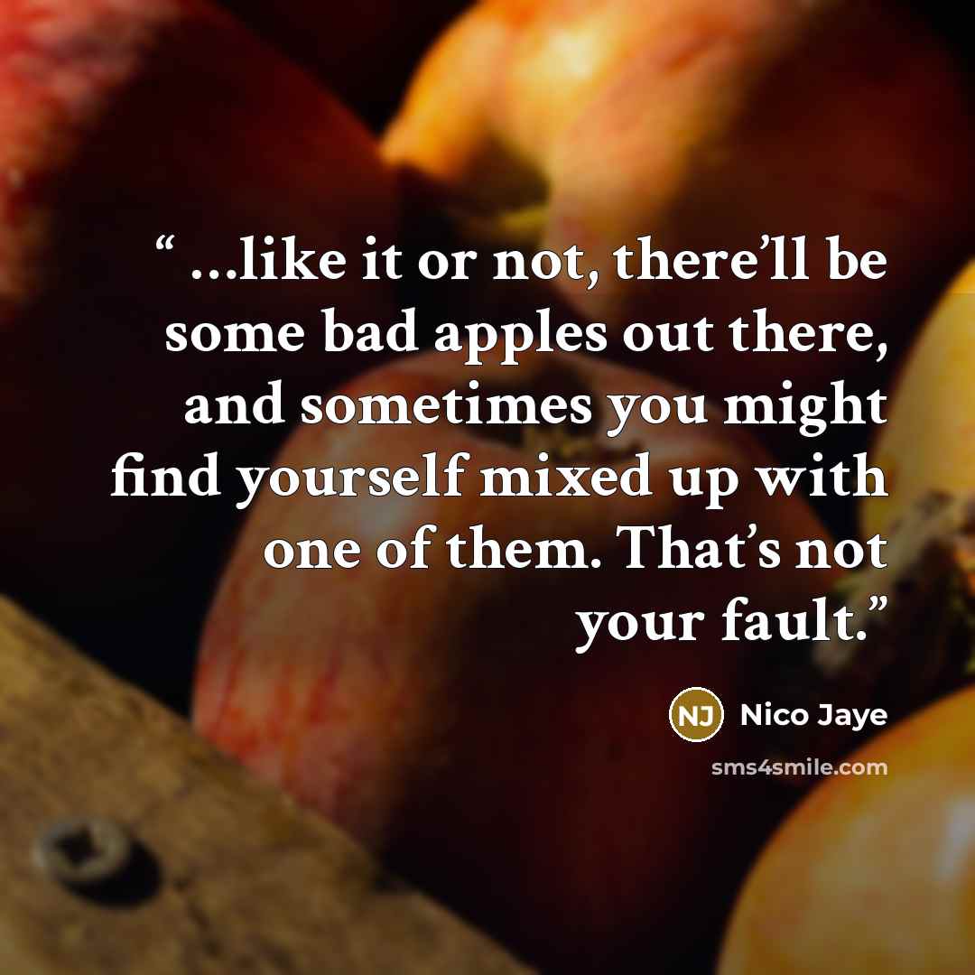 “…like it or not, there’ll be some bad apples out there, and sometimes you might find yourself mixed up with one of them. That’s not your fault.” quote by Nico Jaye