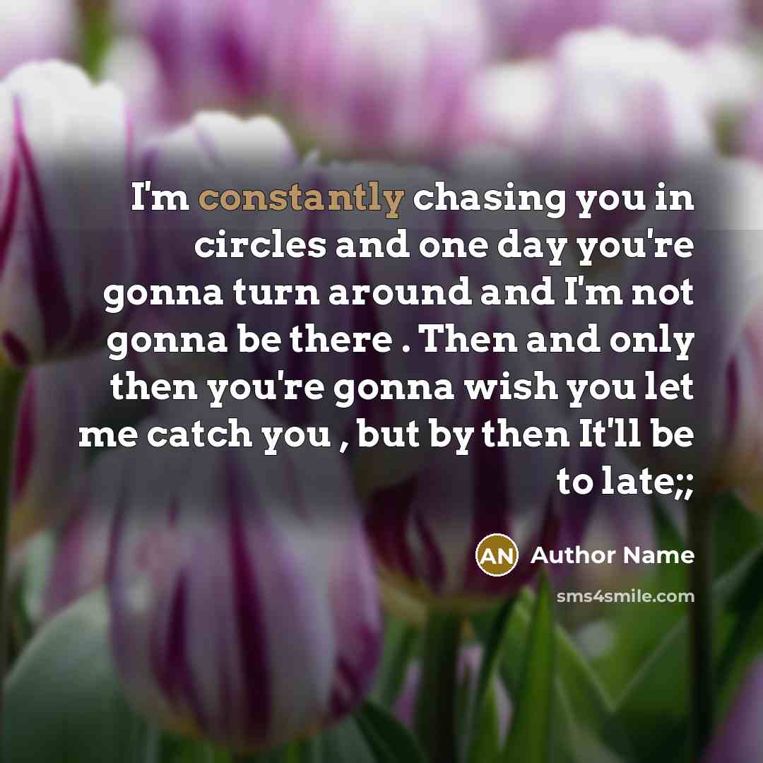 “I'm constantly chasing you in circles and one day you're gonna turn around and I'm not gonna be there . Then and only then you're gonna wish you let me catch you , but by then It'll be to late;;” quote by Author Name