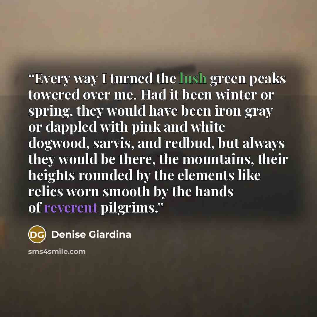 “Every way I turned the lush green peaks towered over me. Had it been winter or spring, they would have been iron gray or dappled with pink and white dogwood, sarvis, and redbud, but always they would be there, the mountains, their heights rounded by the elements like relics worn smooth by the…” quote by Denise Giardina