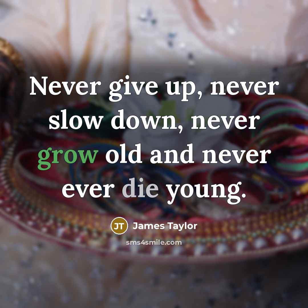 “Never give up, never slow down, never grow old and…” quote by James Taylor