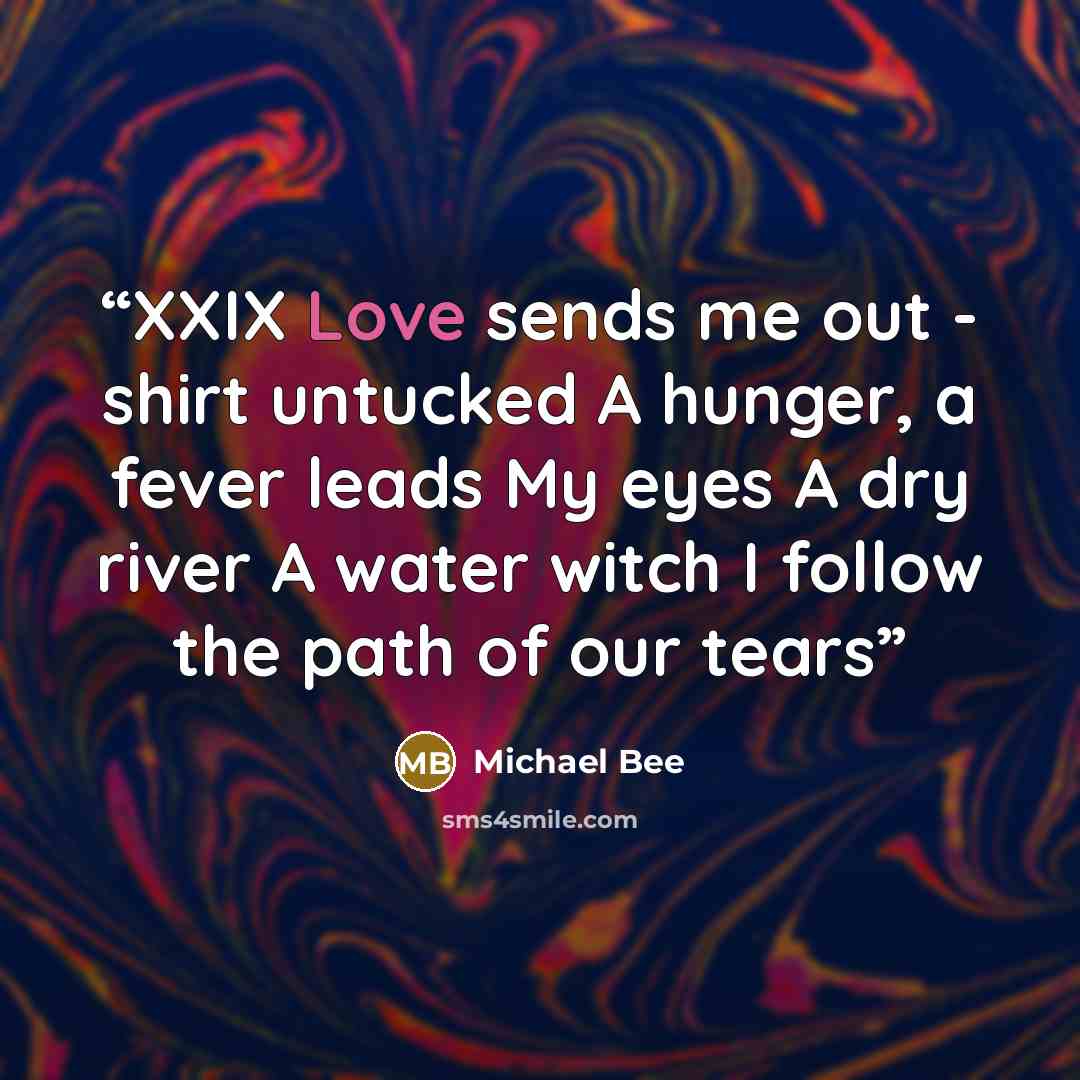 “XXIX Love sends me out - shirt untucked A hunger, a fever leads My eyes A dry river A water witch I follow the path of our tears” quote by Michael Bee