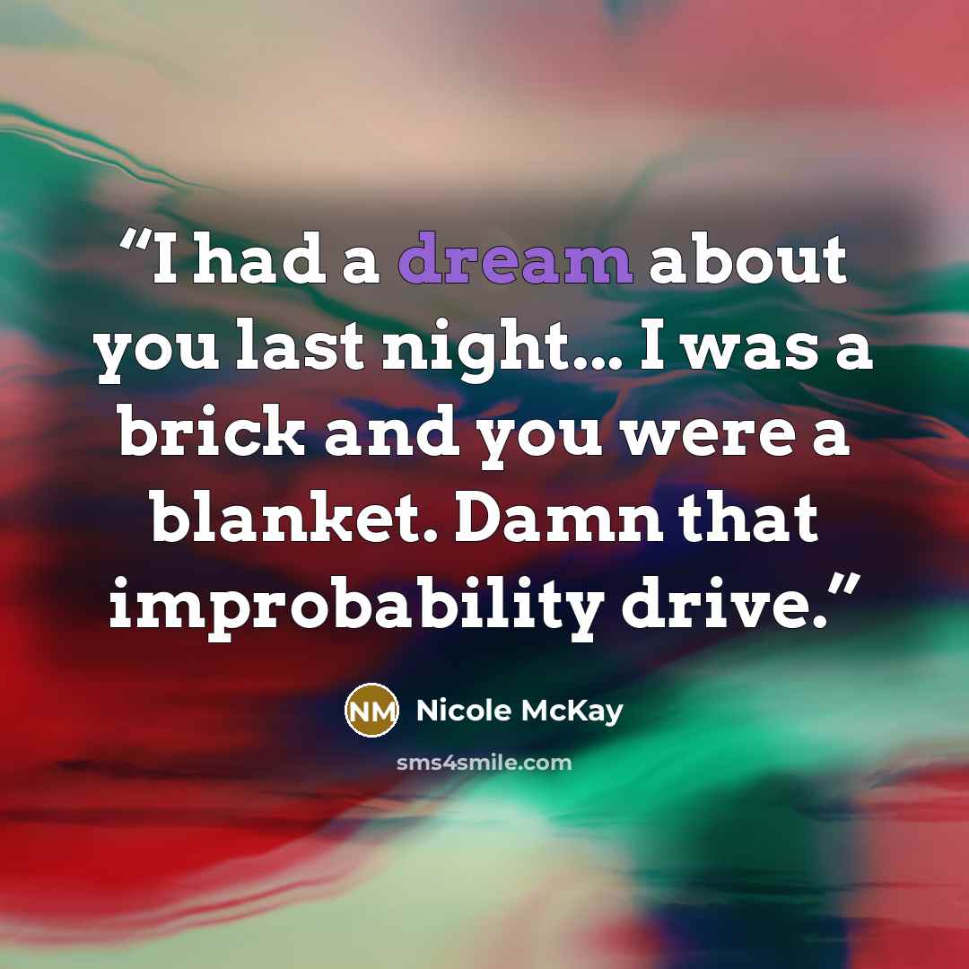 “I had a dream about you last night... I was a brick and you were a blanket. Damn that improbability drive.” quote by Nicole McKay