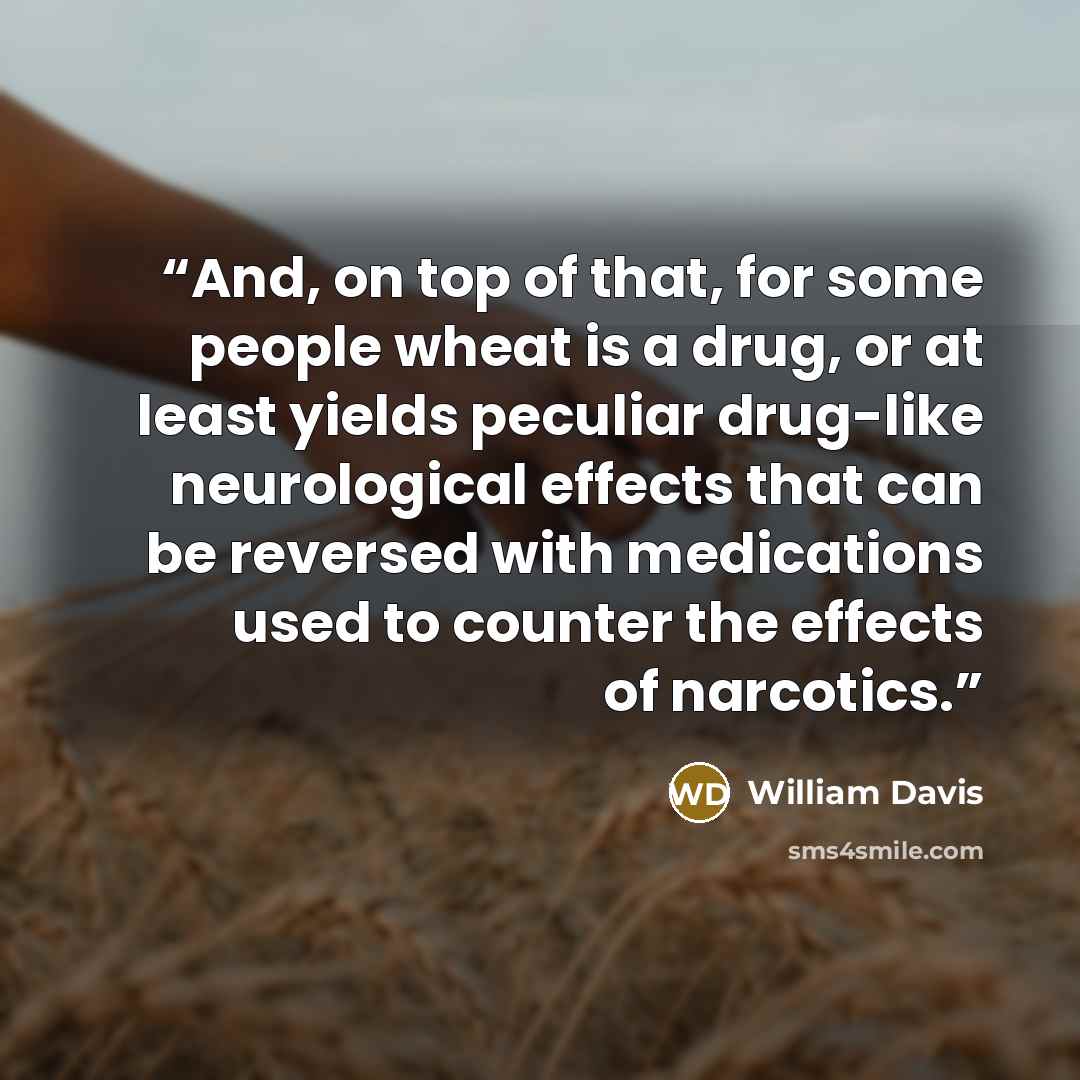 “And, on top of that, for some people wheat is a drug, or at least yields peculiar drug-like neurological effects that can be reversed with medications used to counter the effects of narcotics.” quote by William Davis