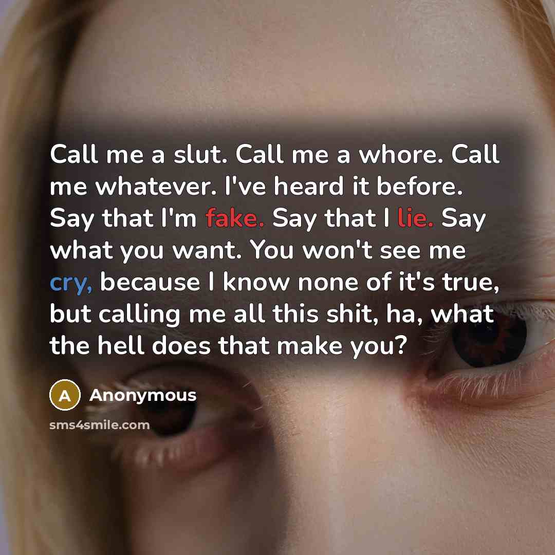 “Call me a slut. Call me a whore. Call me whatever. I've heard it before. Say that I'm fake. Say that I lie. Say what you want. You won't see me cry, because I know none of it's true, but calling me all this shit, ha, what the hell does that make you?” quote by Anonymous