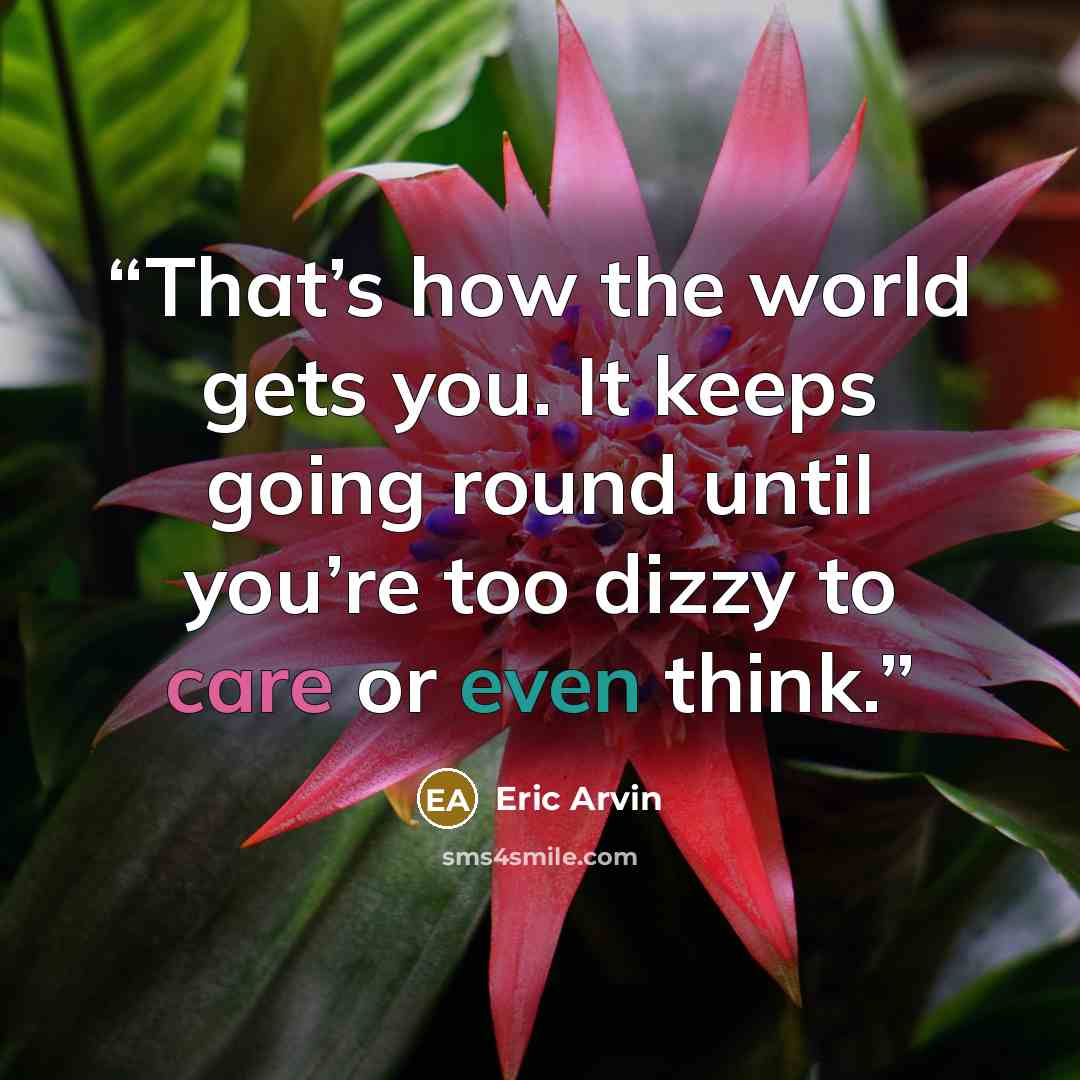 “That’s how the world gets you. It keeps going round until you’re too dizzy to care or even think.” quote by Eric Arvin