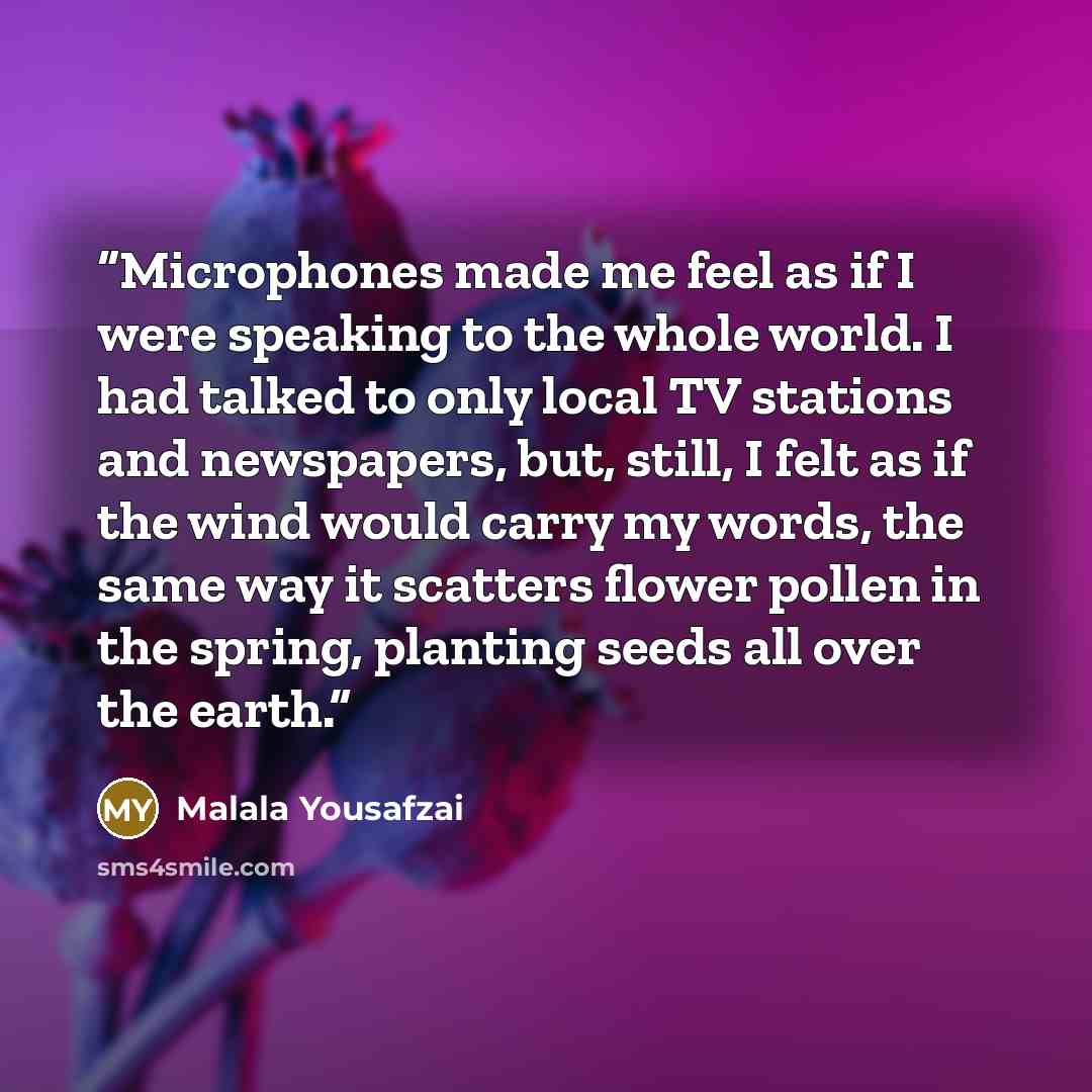 “Microphones made me feel as if I were speaking to the whole world. I had talked to only local TV stations and newspapers, but, still, I felt as if the wind would carry my words, the same way it scatters flower pollen in the spring, planting seeds all over the earth.” quote by Malala Yousafzai