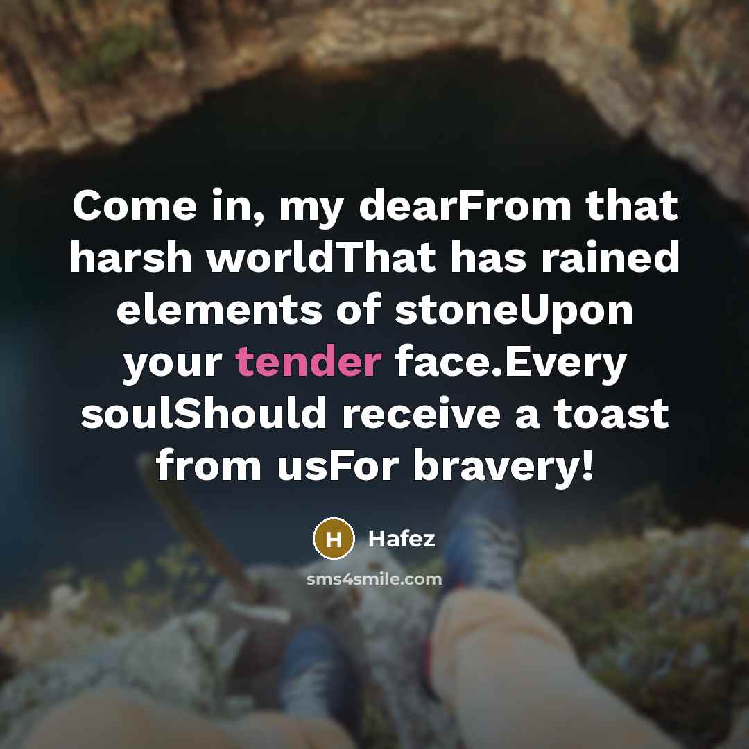 “Come in, my dearFrom that harsh worldThat has rained elements…” quote by Hafez