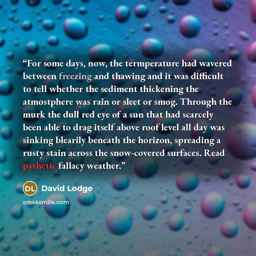 “For some days, now, the termperature had wavered between freezing and thawing and it was difficult to tell whether the sediment thickening the atmostphere was rain or sleet or smog. Through the murk the dull red eye of a sun that had scarcely been able to drag itself above roof level all day was…” quote by David Lodge