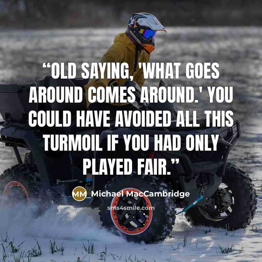 “Old saying, 'What goes around comes around.' You could have avoided ALL this turmoil IF YOU had only played fair.” quote by Michael MacCambridge