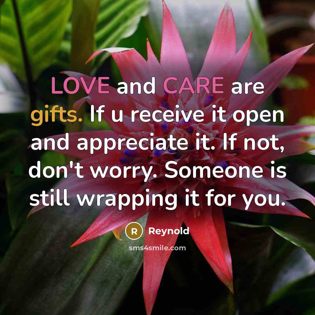 “LOVE and CARE are gifts. If u receive it open and appreciate it. If not, don't worry. Someone is still wrapping it for you.” quote by Reynold