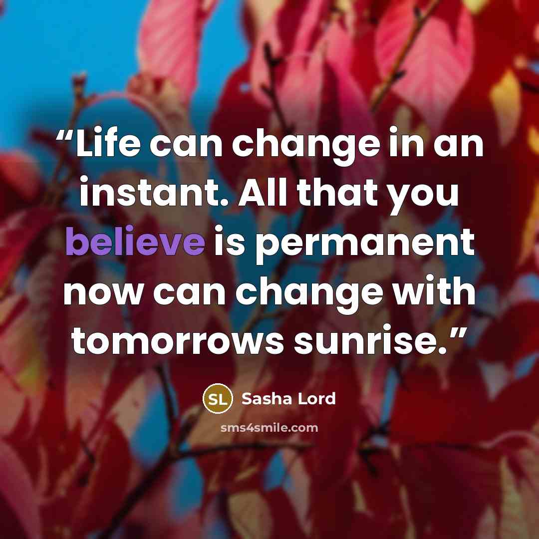 “Life can change in an instant. All that you believe is permanent now can change with tomorrows sunrise.” quote by Sasha Lord