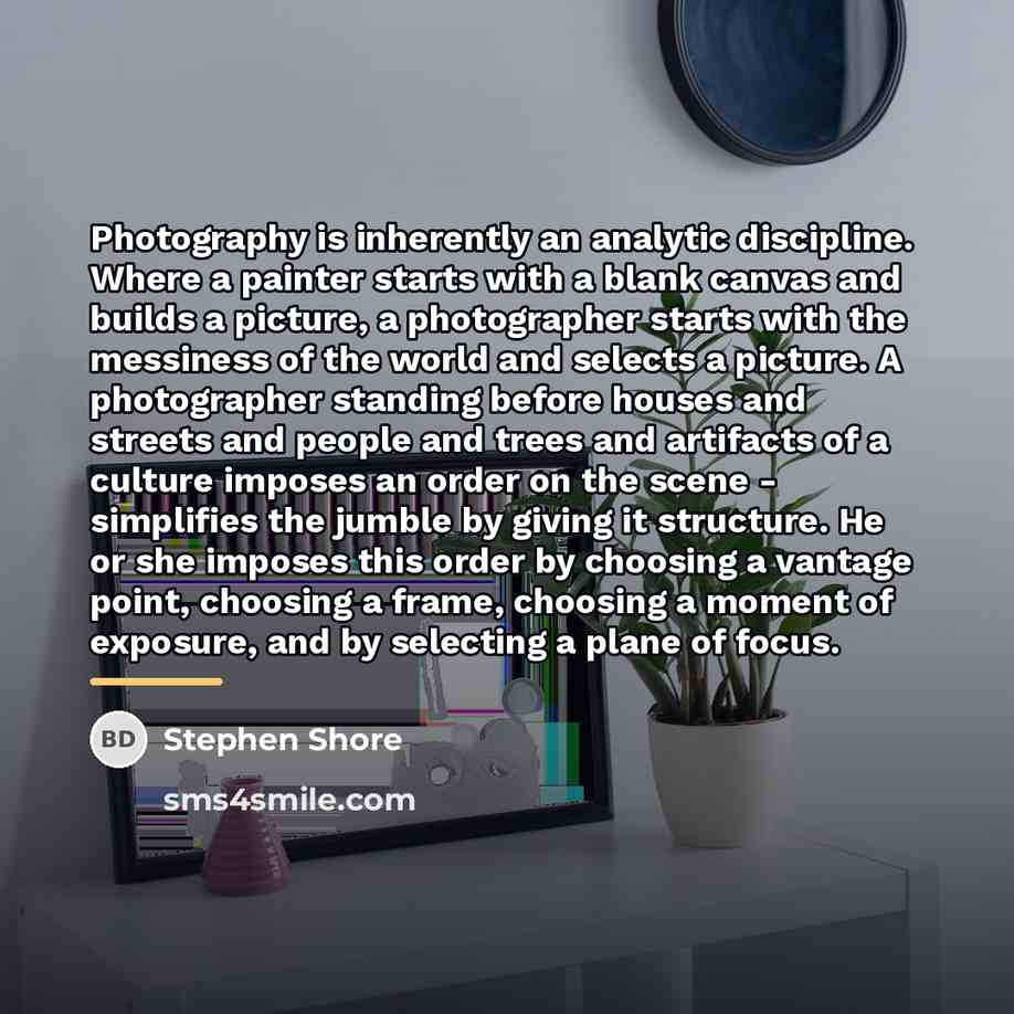 “Photography is inherently an analytic discipline. Where a painter starts…” quote by Stephen Shore