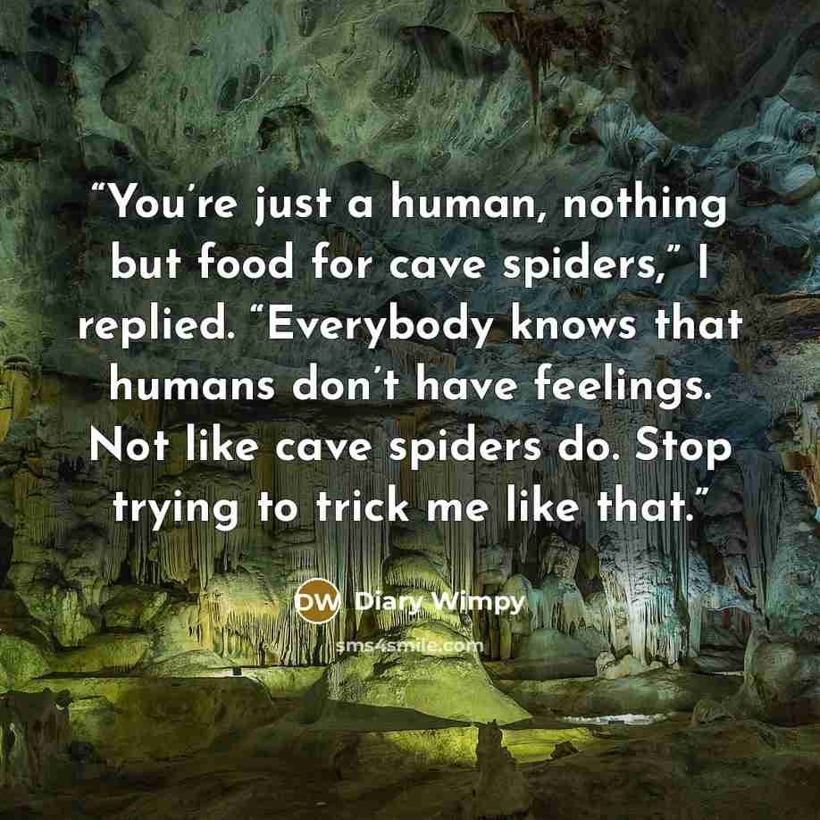 “You’re just a human, nothing but food for cave spiders,” I replied. “Everybody knows that humans don’t have feelings. Not like cave spiders do. Stop trying to trick me like that.” quote by Diary Wimpy