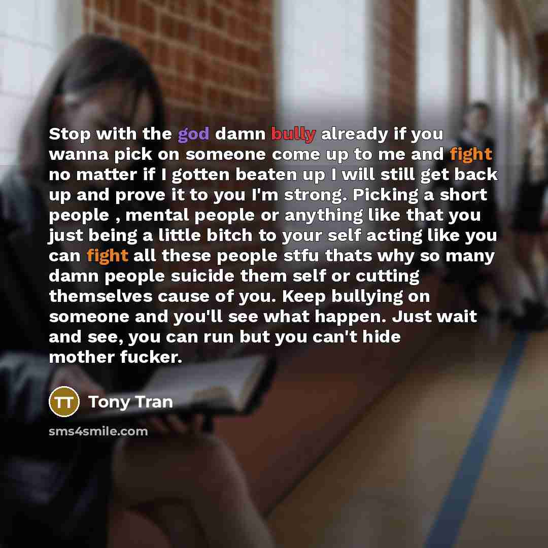 “Stop with the god damn bully already if you wanna pick on someone come up to me and fight no matter if I gotten beaten up I will still get back up and prove it to you I'm strong. Picking a short people , mental people or anything like that you just being a little bitch to your self acting like you…” quote by Tony Tran