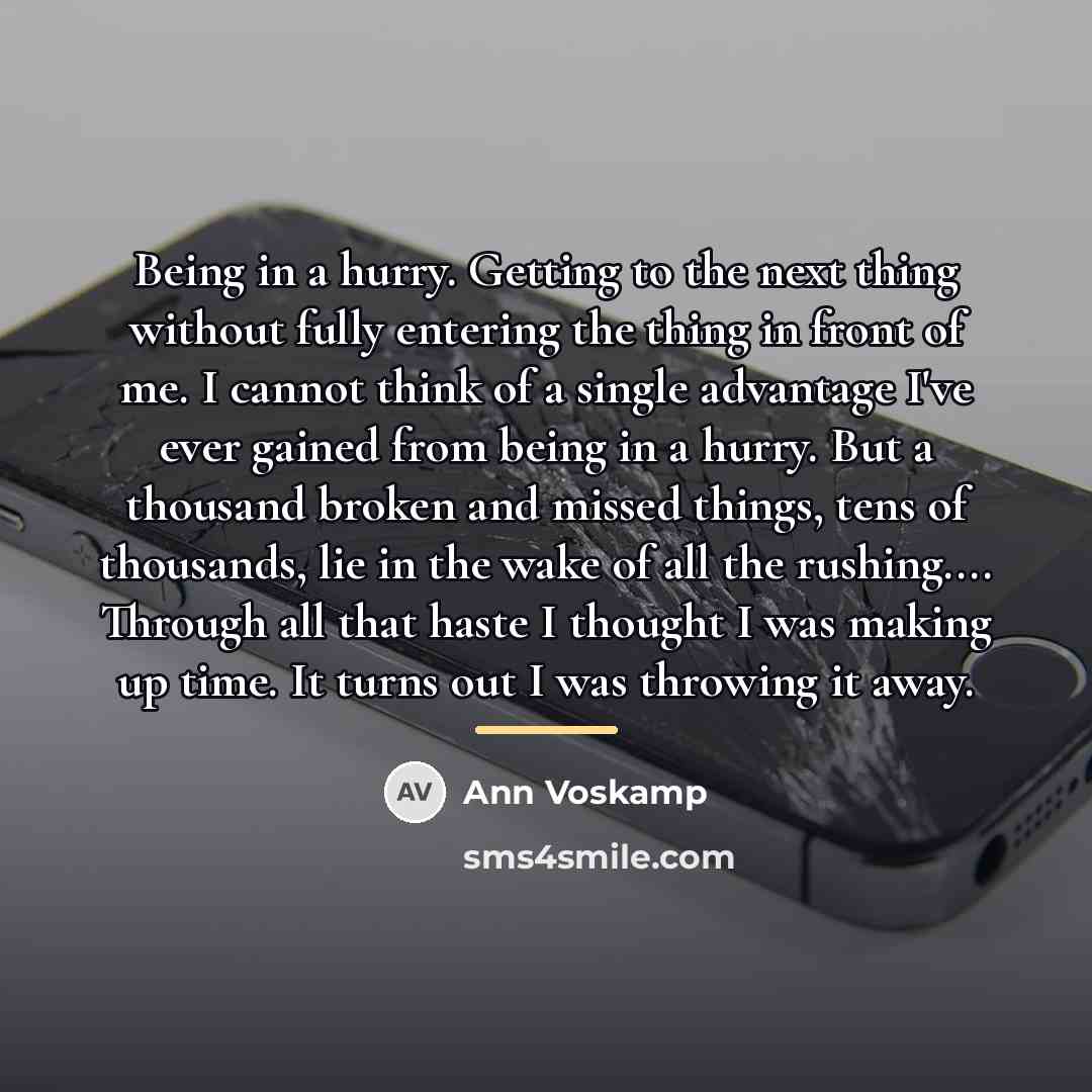 “Being in a hurry. Getting to the next thing without…” quote by Ann Voskamp