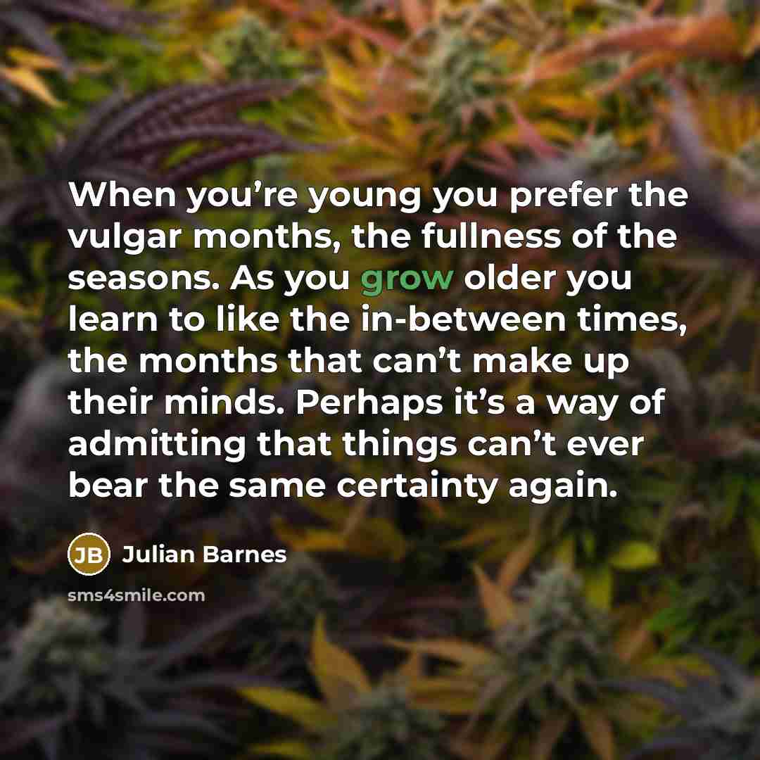 “When you’re young you prefer the vulgar months, the fullness…” quote by Julian Barnes