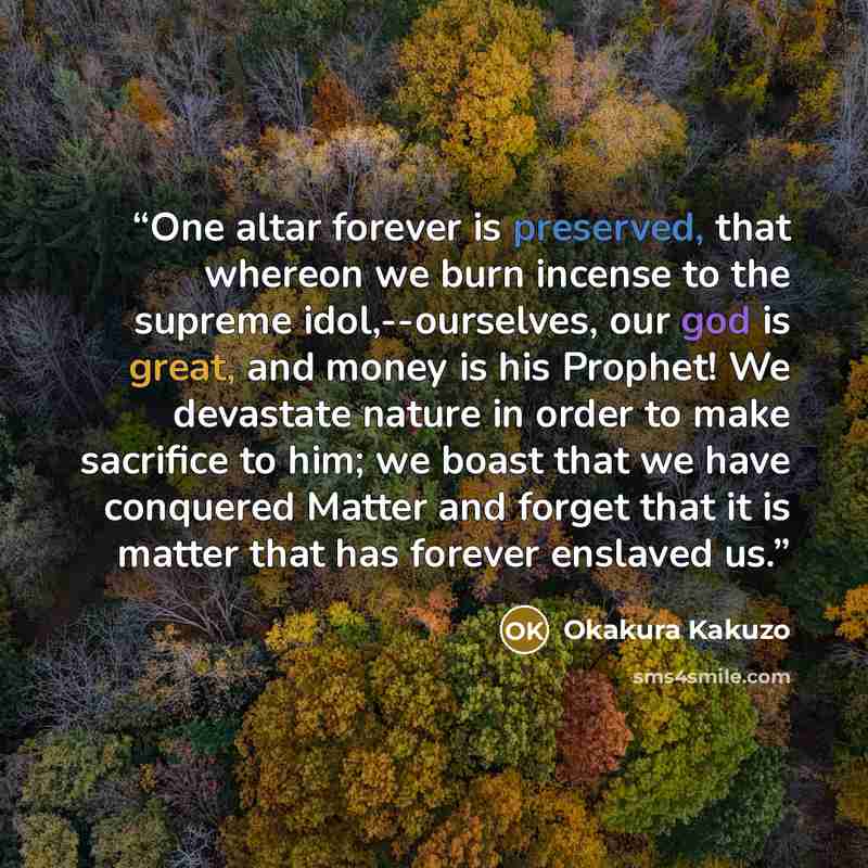 “One altar forever is preserved, that whereon we burn incense to the supreme idol,--ourselves, our god is great, and money is his Prophet! We devastate nature in order to make sacrifice to him; we boast that we have conquered Matter and forget that it is matter that has forever enslaved us.” quote by Okakura Kakuzo