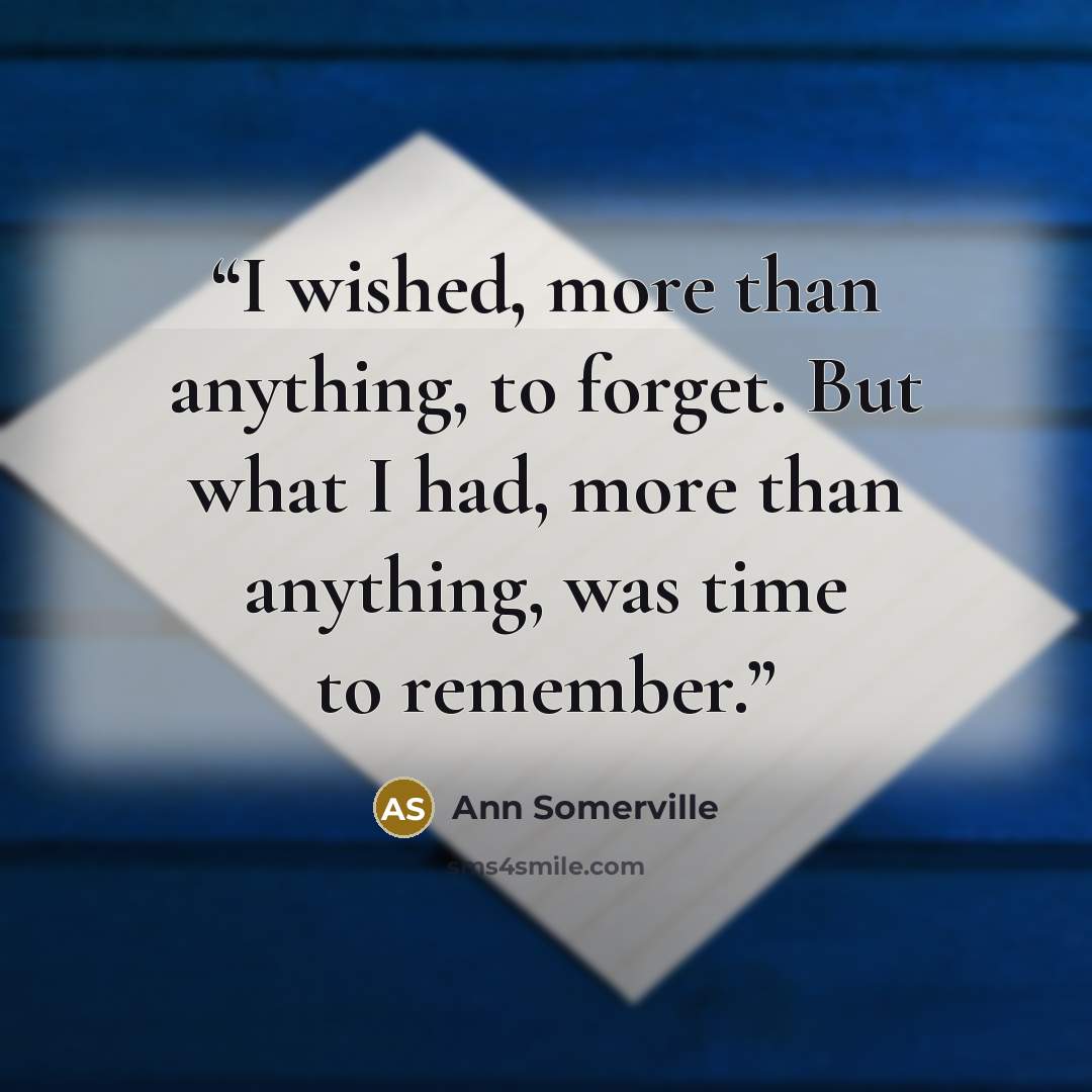“I wished, more than anything, to forget. But what I had, more than anything, was time to remember.” quote by Ann Somerville