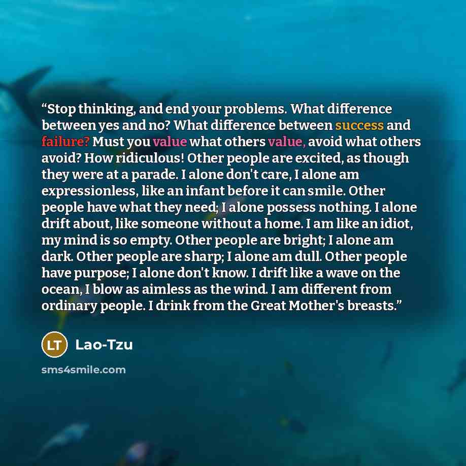 “Stop thinking, and end your problems. What difference between yes and no? What difference between success and failure? Must you value what others value, avoid what others avoid? How ridiculous! Other people are excited, as though they were at a parade. I alone don't care, I alone am…” quote by Lao-Tzu