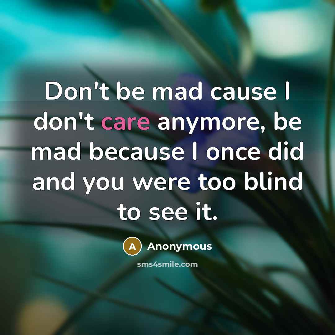 “Don't be mad cause I don't care anymore, be mad…” quote by Anonymous