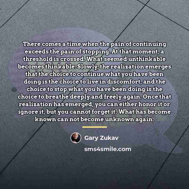 “There comes a time when the pain of continuing exceeds…” quote by Gary Zukav