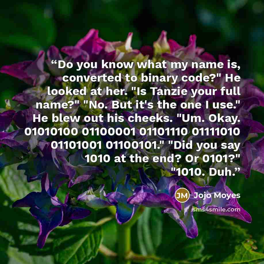 “Do you know what my name is, converted to binary code?" He looked at her. "Is Tanzie your full name?" "No. But it's the one I use." He blew out his cheeks. "Um. Okay. 01010100 01100001 01101110 01111010 01101001 01100101." "Did you say 1010 at the end? Or 0101?" "1010. Duh.” quote by Jojo Moyes