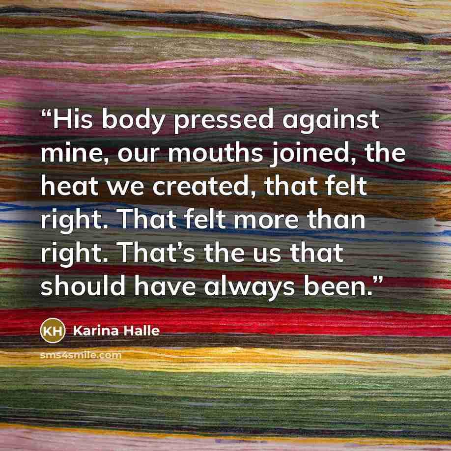 “His body pressed against mine, our mouths joined, the heat we created, that felt right. That felt more than right. That’s the us that should have always been.” quote by Karina Halle