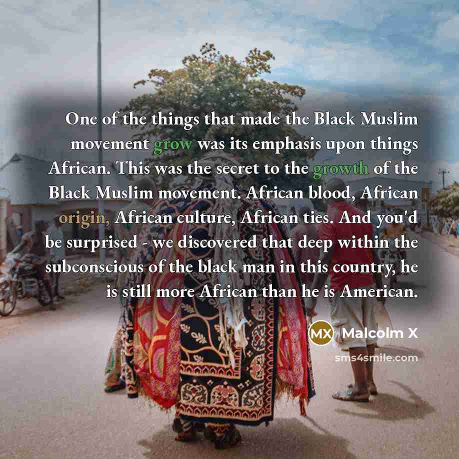 “One of the things that made the Black Muslim movement grow was its emphasis upon things African. This was the secret to the growth of the Black Muslim movement. African blood, African origin, African culture, African ties. And you'd be surprised - we discovered that deep within the subconscious of…” quote by Malcolm X