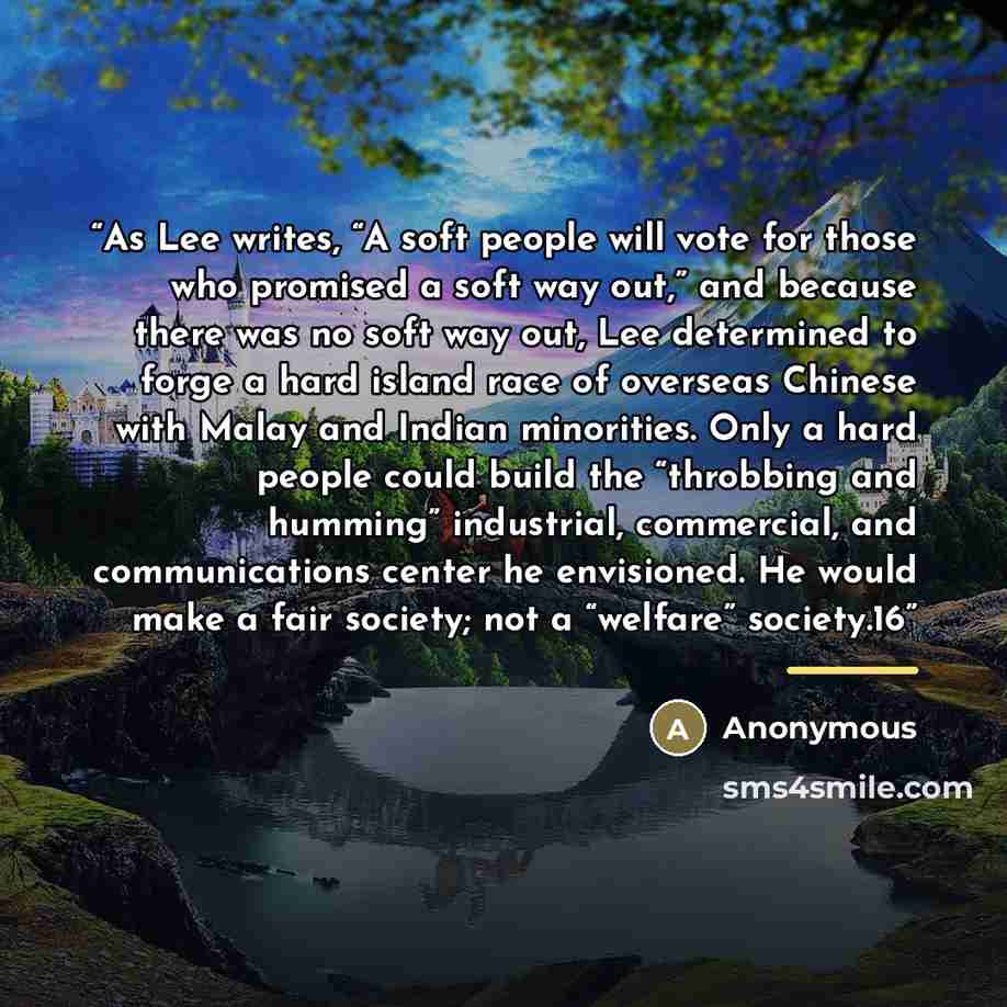 “As Lee writes, “A soft people will vote for those who promised a soft way out,” and because there was no soft way out, Lee determined to forge a hard island race of overseas Chinese with Malay and Indian minorities. Only a hard people could build the “throbbing and humming” industrial, commercial…” quote by Anonymous
