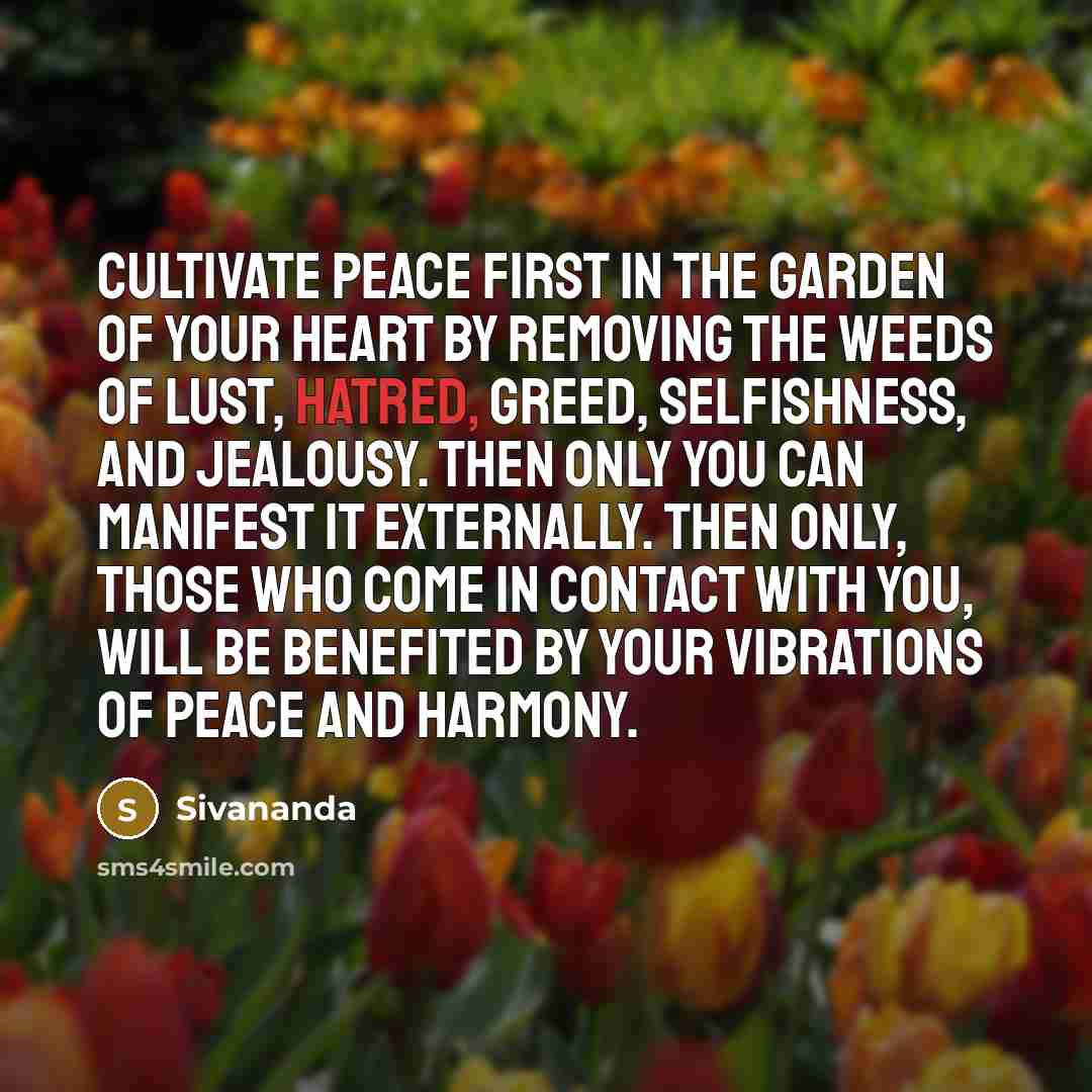 “Cultivate peace first in the garden of your heart by…” quote by Sivananda