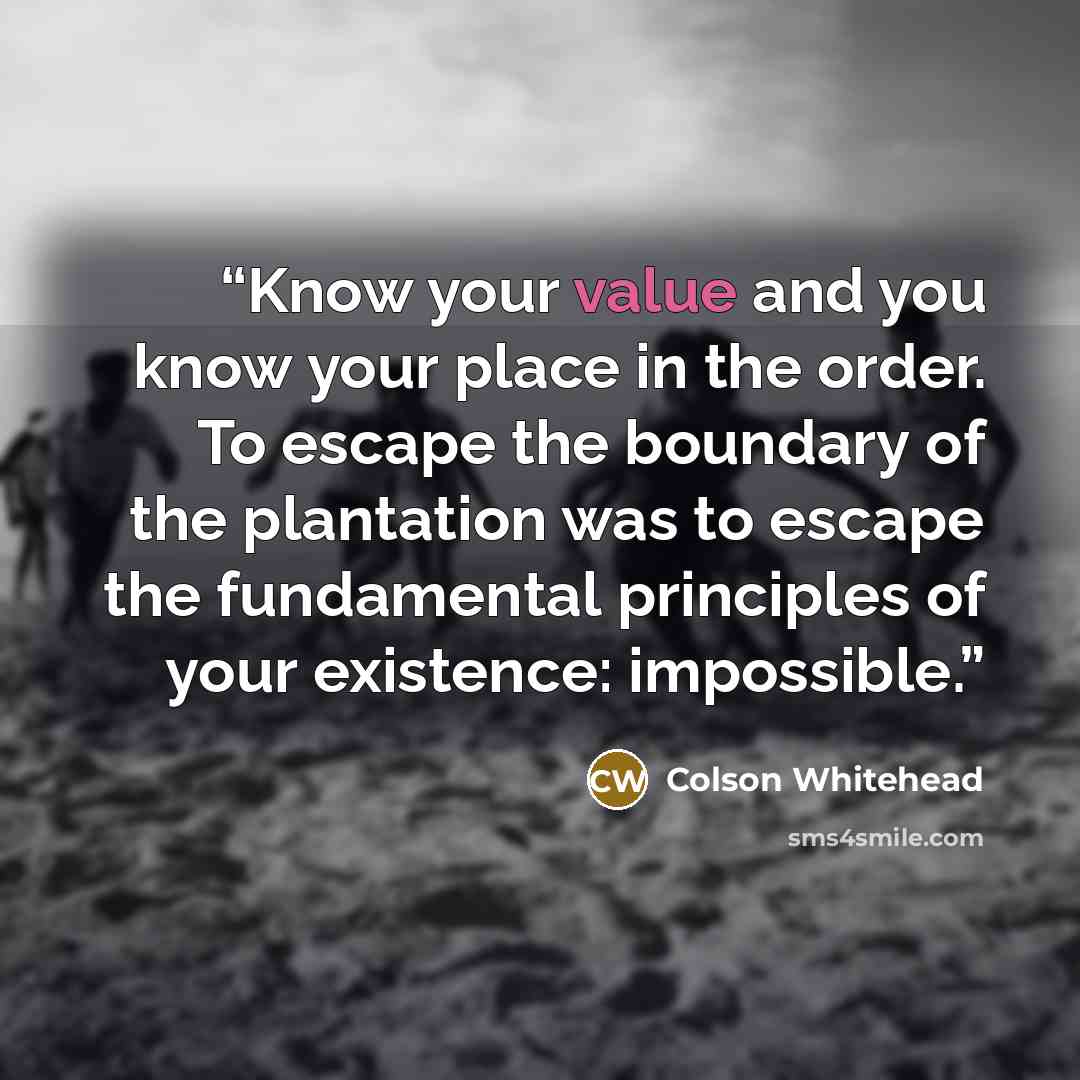“Know your value and you know your place in the order. To escape the boundary of the plantation was to escape the fundamental principles of your existence: impossible.” quote by Colson Whitehead