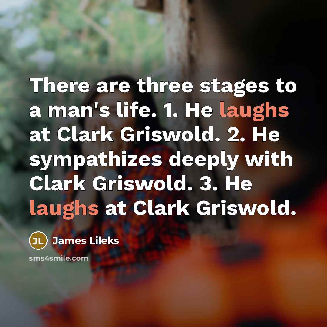 “There are three stages to a man's life. 1. He laughs at Clark Griswold. 2. He sympathizes deeply with Clark Griswold. 3. He laughs at Clark Griswold.” quote by James Lileks