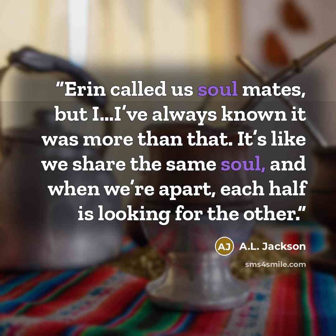 “Erin called us soul mates, but I…I’ve always known it was more than that. It’s like we share the same soul, and when we’re apart, each half is looking for the other.” quote by A.L. Jackson