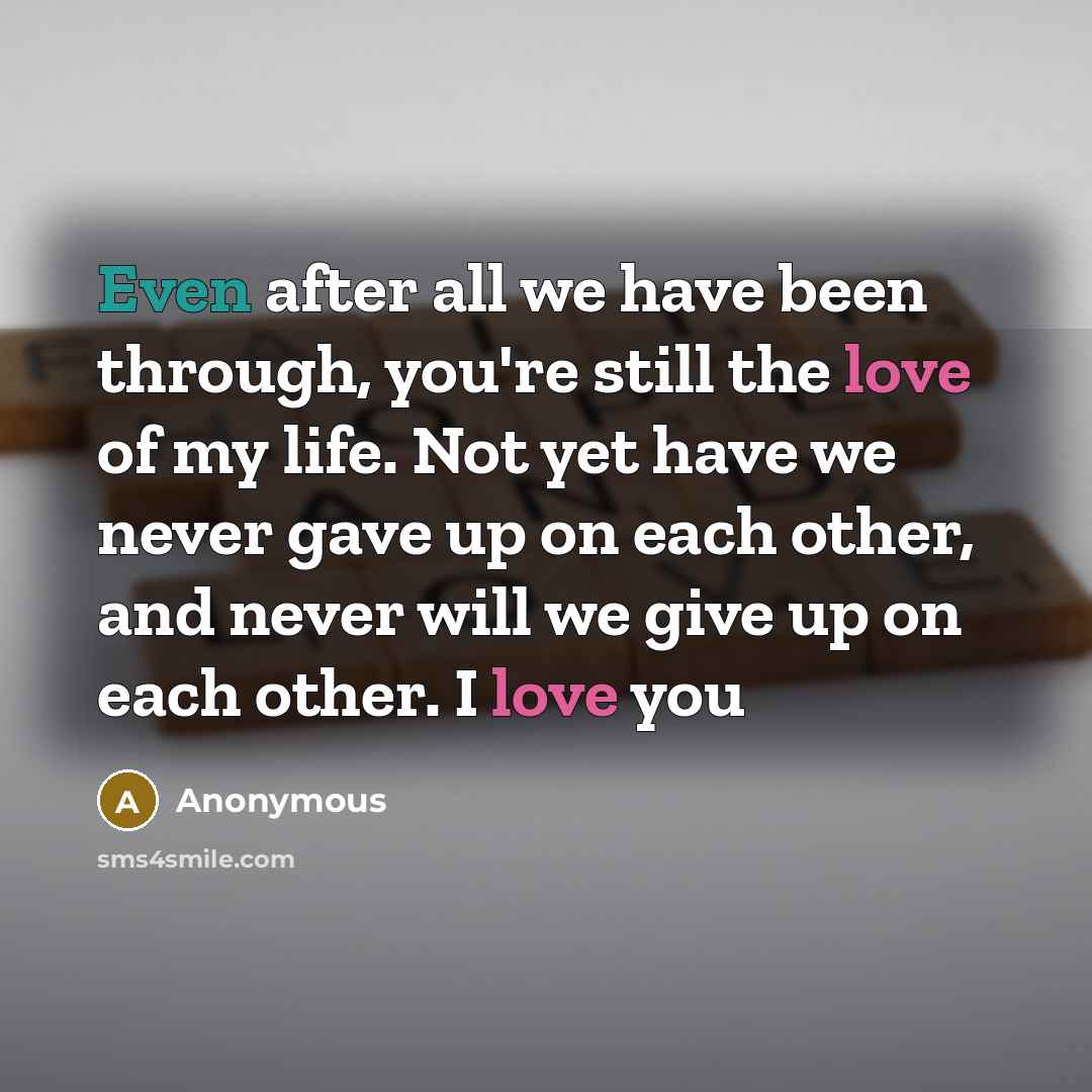 “Even after all we have been through, you're still the love of my life. Not yet have we never gave up on each other, and never will we give up on each other. I love you” quote by Anonymous
