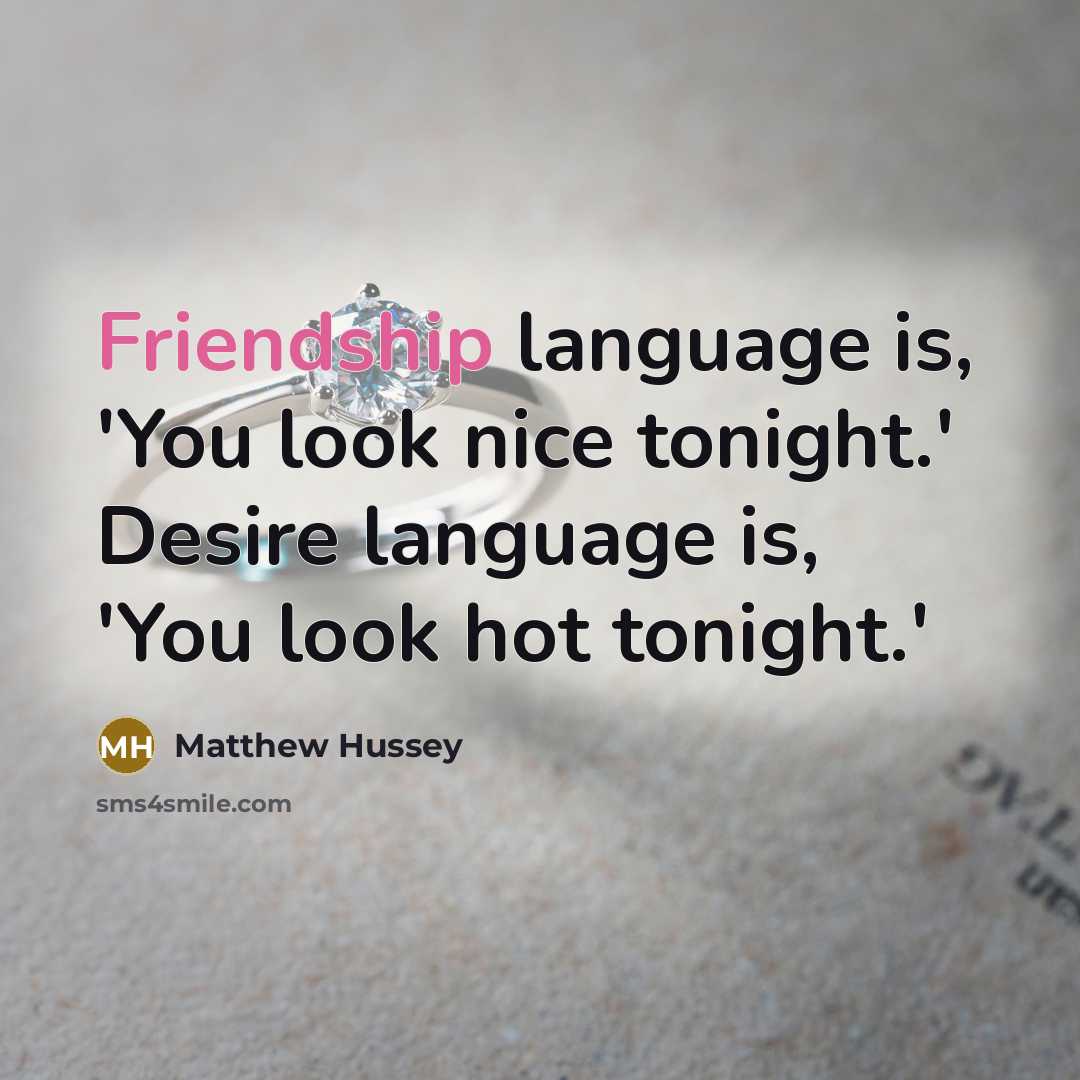 “Friendship language is, 'You look nice tonight.' Desire language is,…” quote by Matthew Hussey
