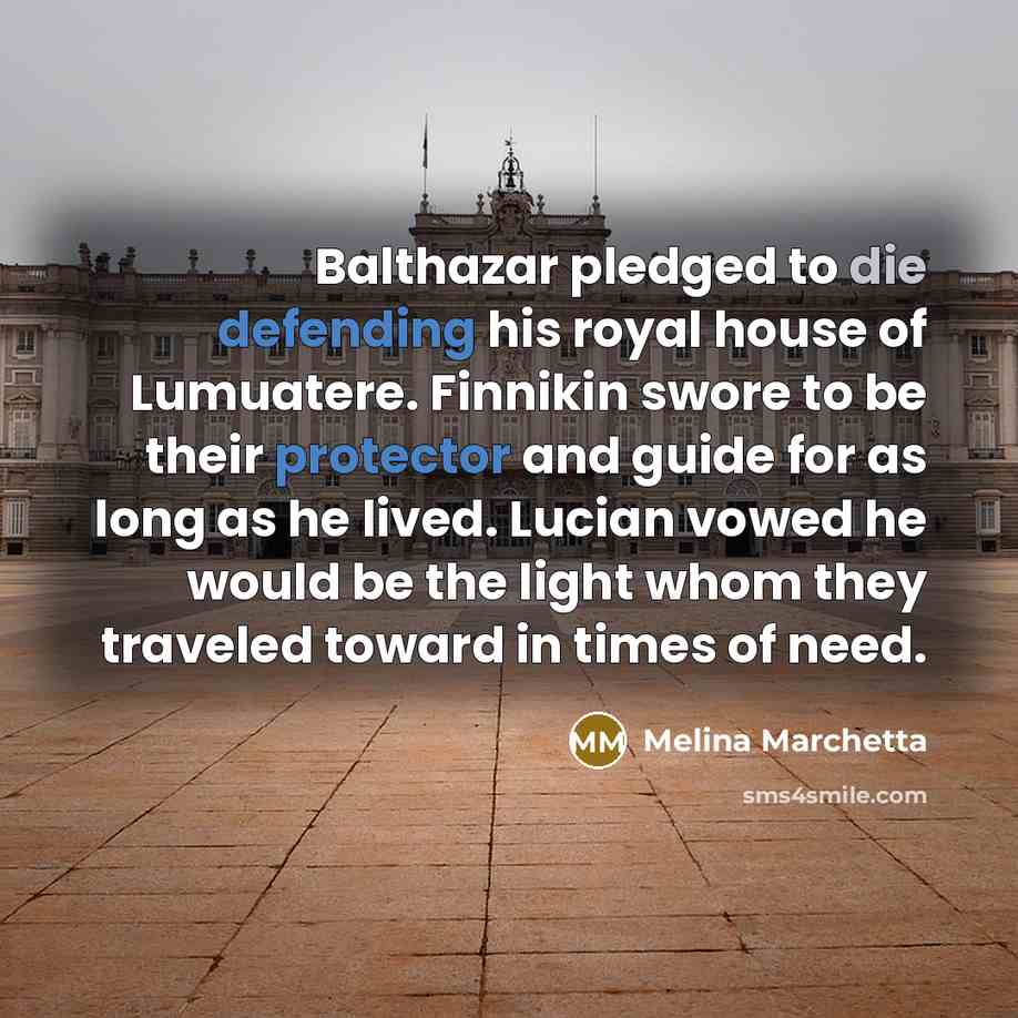 “Balthazar pledged to die defending his royal house of Lumuatere. Finnikin swore to be their protector and guide for as long as he lived. Lucian vowed he would be the light whom they traveled toward in times of need.” quote by Melina Marchetta