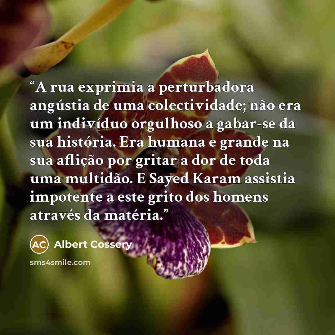 “A rua exprimia a perturbadora angústia de uma colectividade; não era um indivíduo orgulhoso a gabar-se da sua história. Era humana e grande na sua aflição por gritar a dor de toda uma multidão. E Sayed Karam assistia impotente a este grito dos homens através da matéria.” quote by Albert Cossery