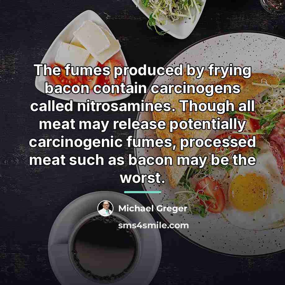 “The fumes produced by frying bacon contain carcinogens called nitrosamines.…” quote by Michael Greger