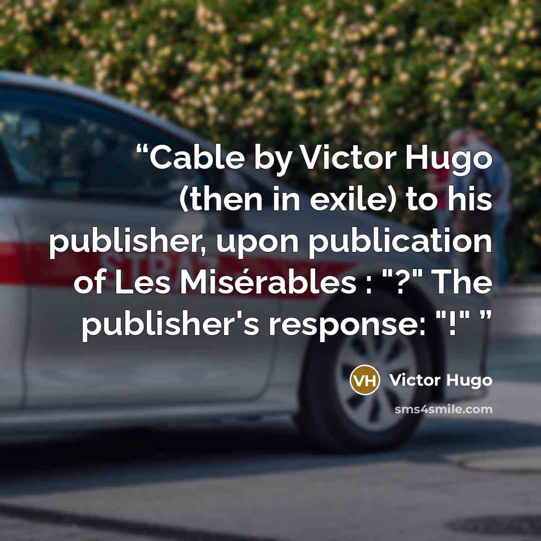 “Cable by Victor Hugo (then in exile) to his publisher, upon publication of Les Misérables : "?" The publisher's response: "!"” quote by Victor Hugo