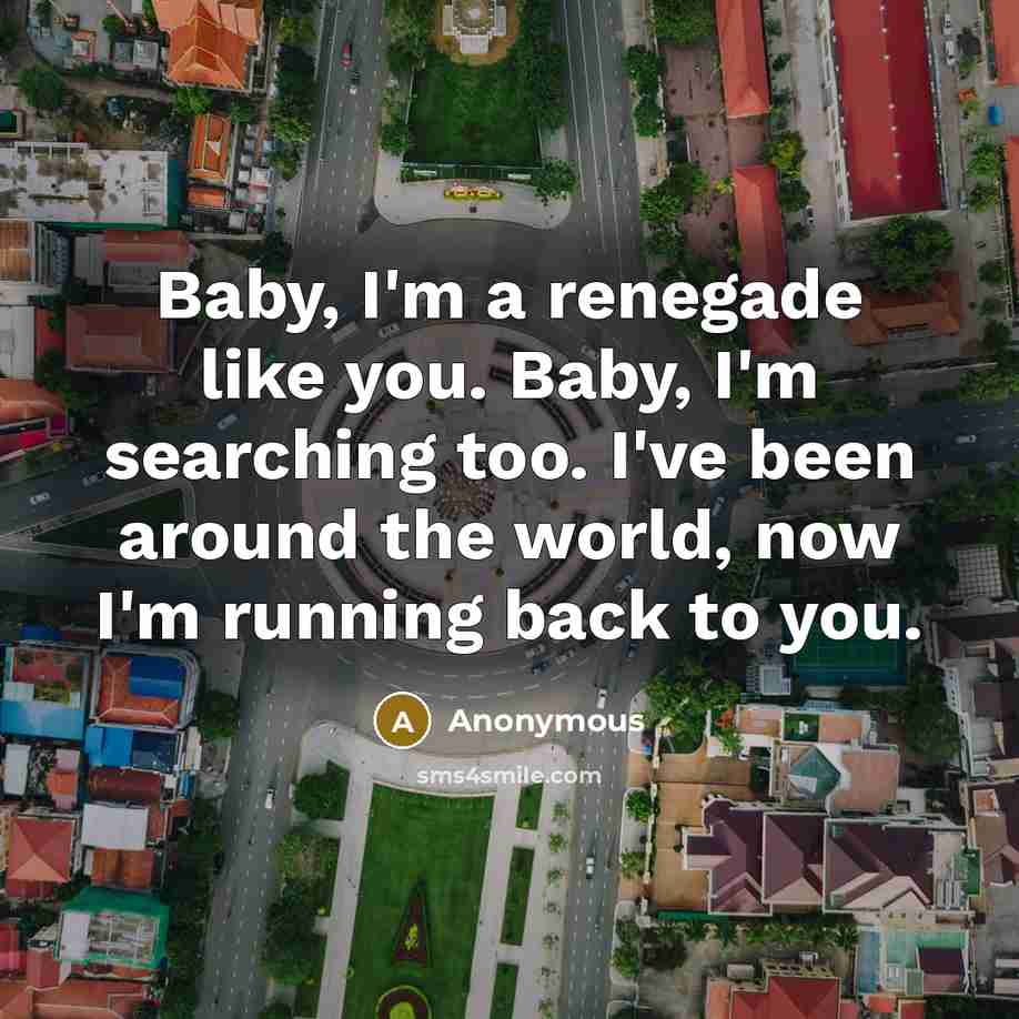 “Baby, I'm a renegade like you. Baby, I'm searching too.…” quote by Anonymous