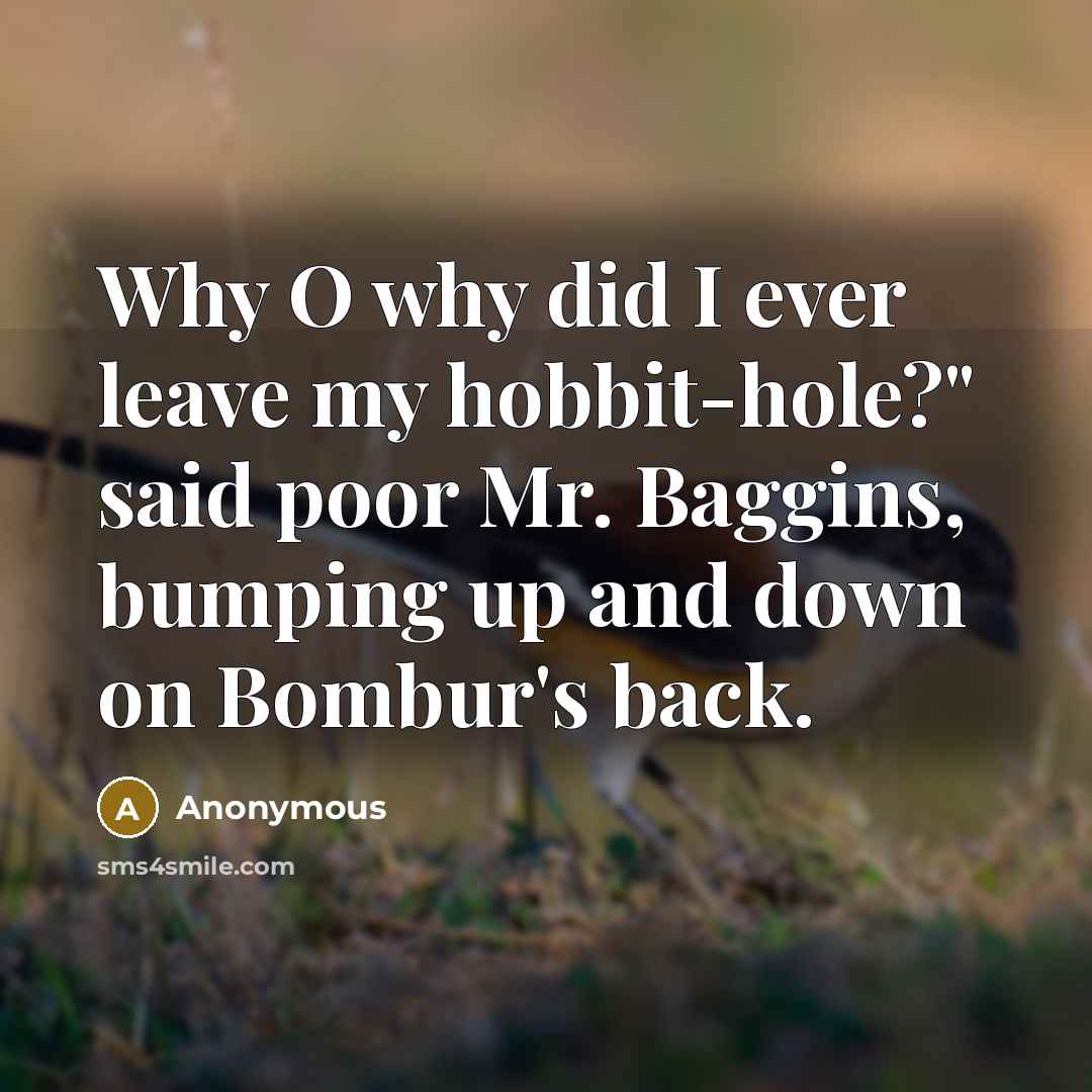 “Why O why did I ever leave my hobbit-hole?" said poor Mr. Baggins, bumping up and down on Bombur's back.” quote by Anonymous
