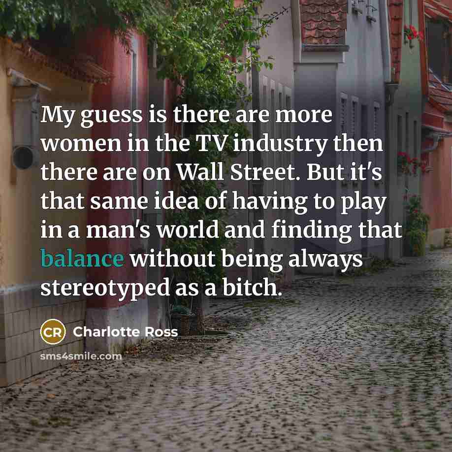 “My guess is there are more women in the TV industry then there are on Wall Street. But it's that same idea of having to play in a man's world and finding that balance without being always stereotyped as a bitch.” quote by Charlotte Ross