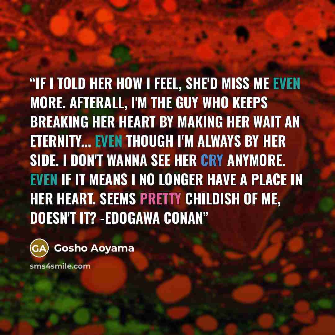 “If I told her how I feel, she'd miss me even more. Afterall, I'm the guy who keeps breaking her heart by making her wait an eternity... even though I'm always by her side. I don't wanna see her cry anymore. Even if it means I no longer have a place in her heart. Seems pretty childish of me…” quote by Gosho Aoyama