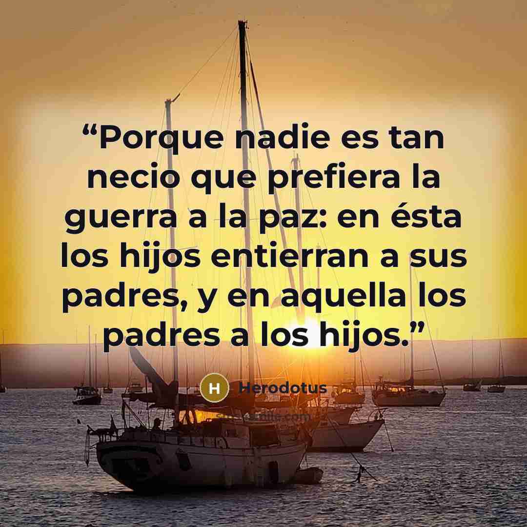 “Porque nadie es tan necio que prefiera la guerra a la paz: en ésta los hijos entierran a sus padres, y en aquella los padres a los hijos.” quote by Herodotus