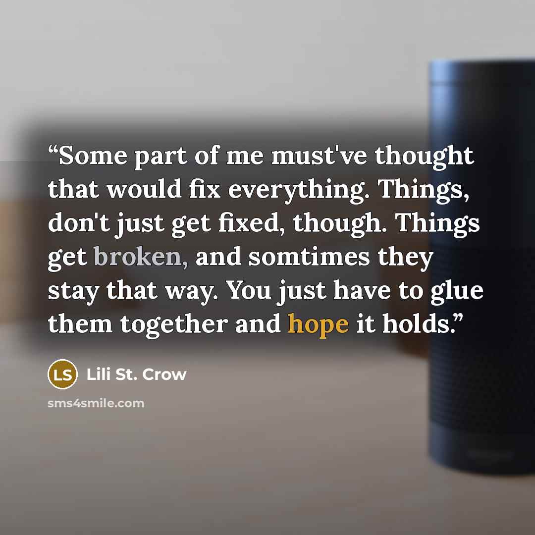 “Some part of me must've thought that would fix everything. Things, don't just get fixed, though. Things get broken, and somtimes they stay that way. You just have to glue them together and hope it holds.” quote by Lili St. Crow